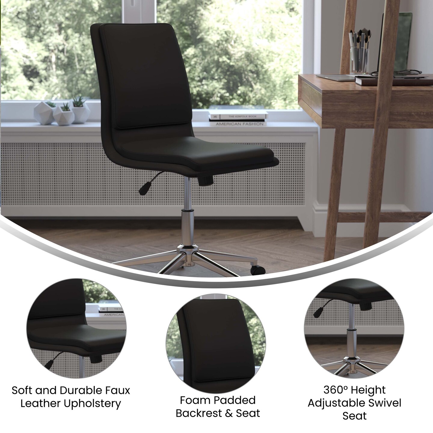 Merrick Lane Artemis Mid-Back Armless Home Office Chair with Height Adjustable Swivel Seat and Five Star Chrome Base