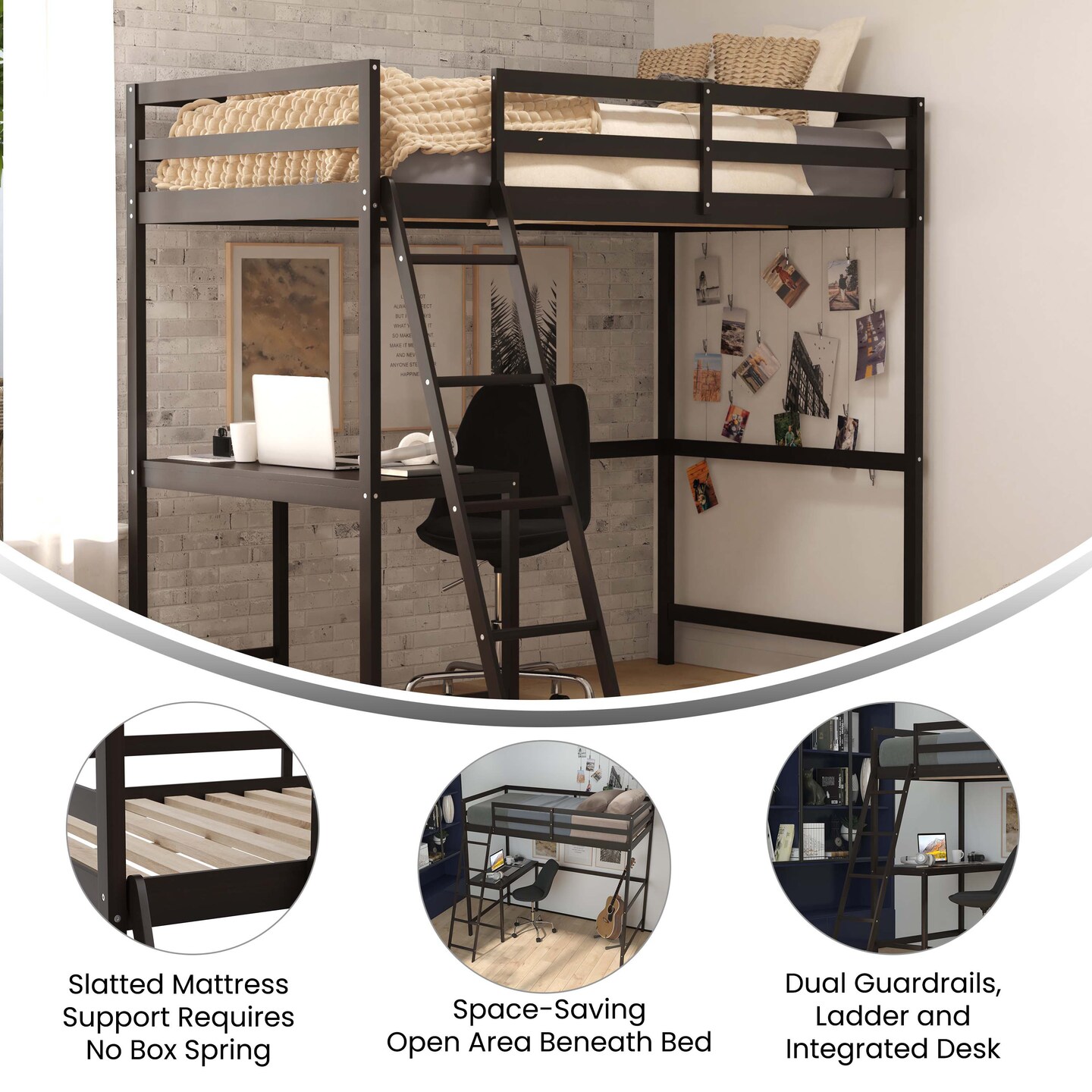 Emma and Oliver Ridley Twin Wood Loft Bed Frame with Protective Guardrails and Integrated Desk and Ladder for Use with Any 6-8" Thick Mattress