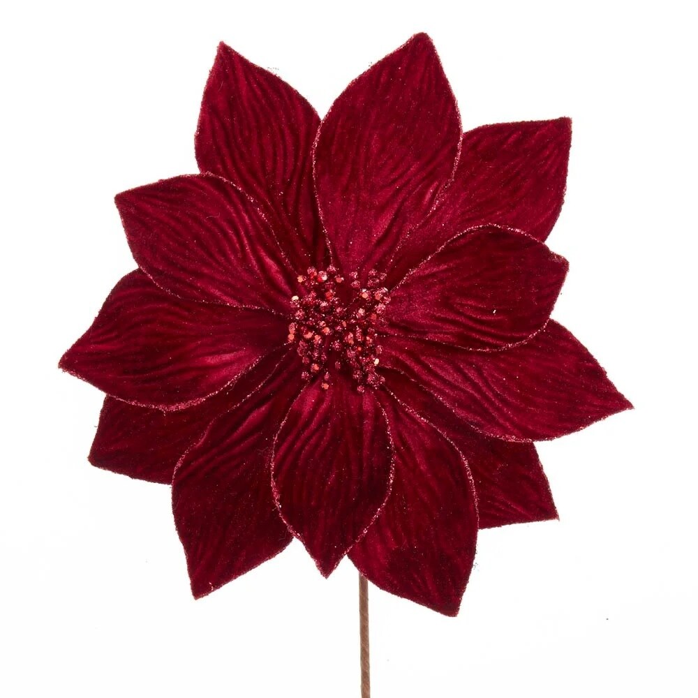 KSA Pack of 12 Burgundy Velvet Artificial Poinsettia Christmas Picks 18&#x22;
