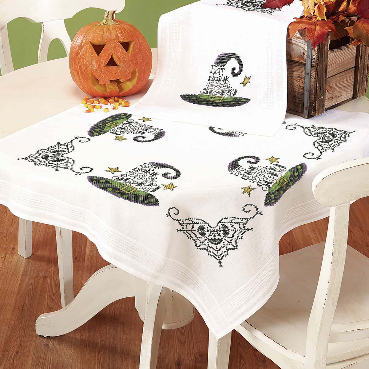 Herrschners Eat, Drink, & Be Scary Table Topper Stamped Cross-Stitch ...