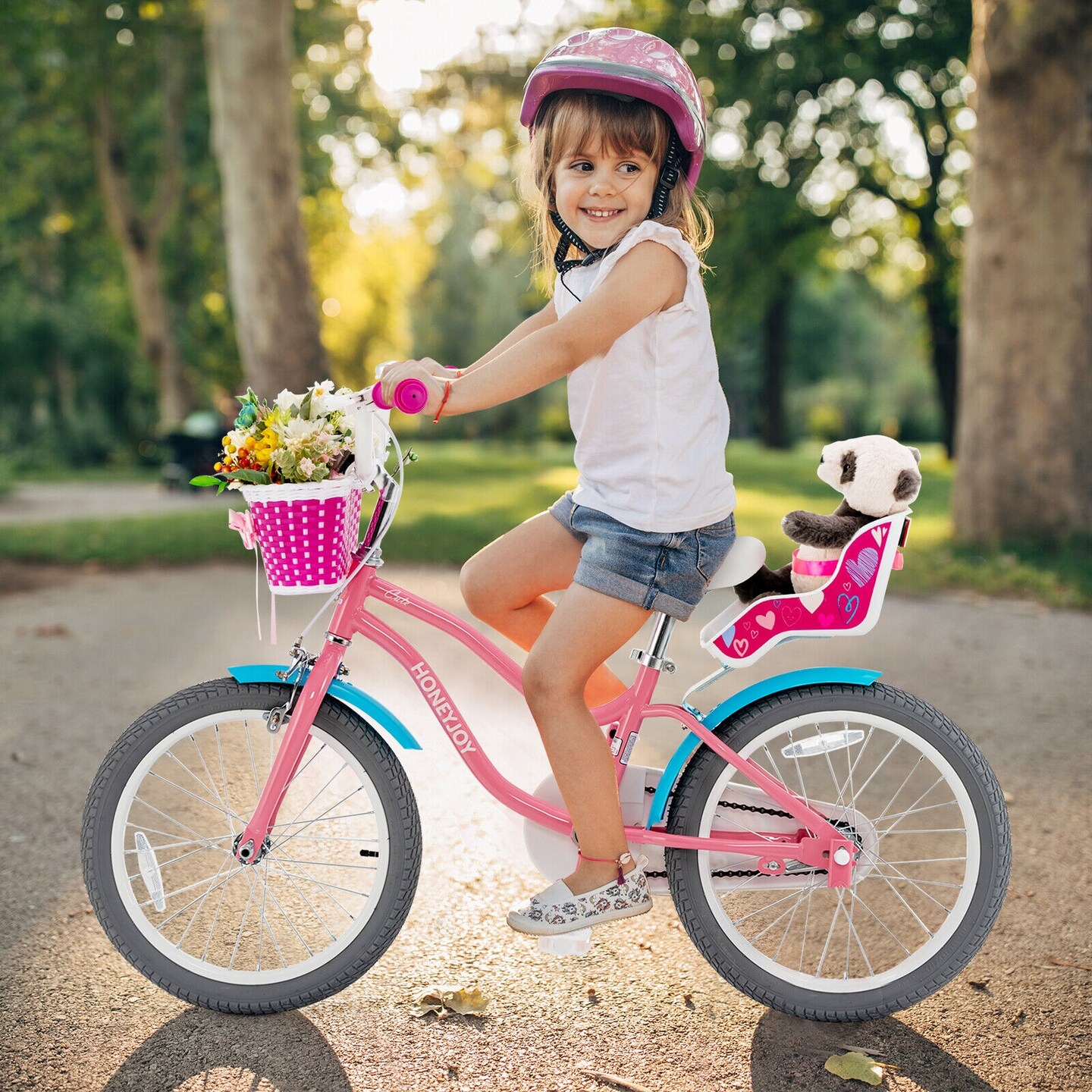 Pink Kids Bicycle with Training Wheels and Beautiful Basket for Girls