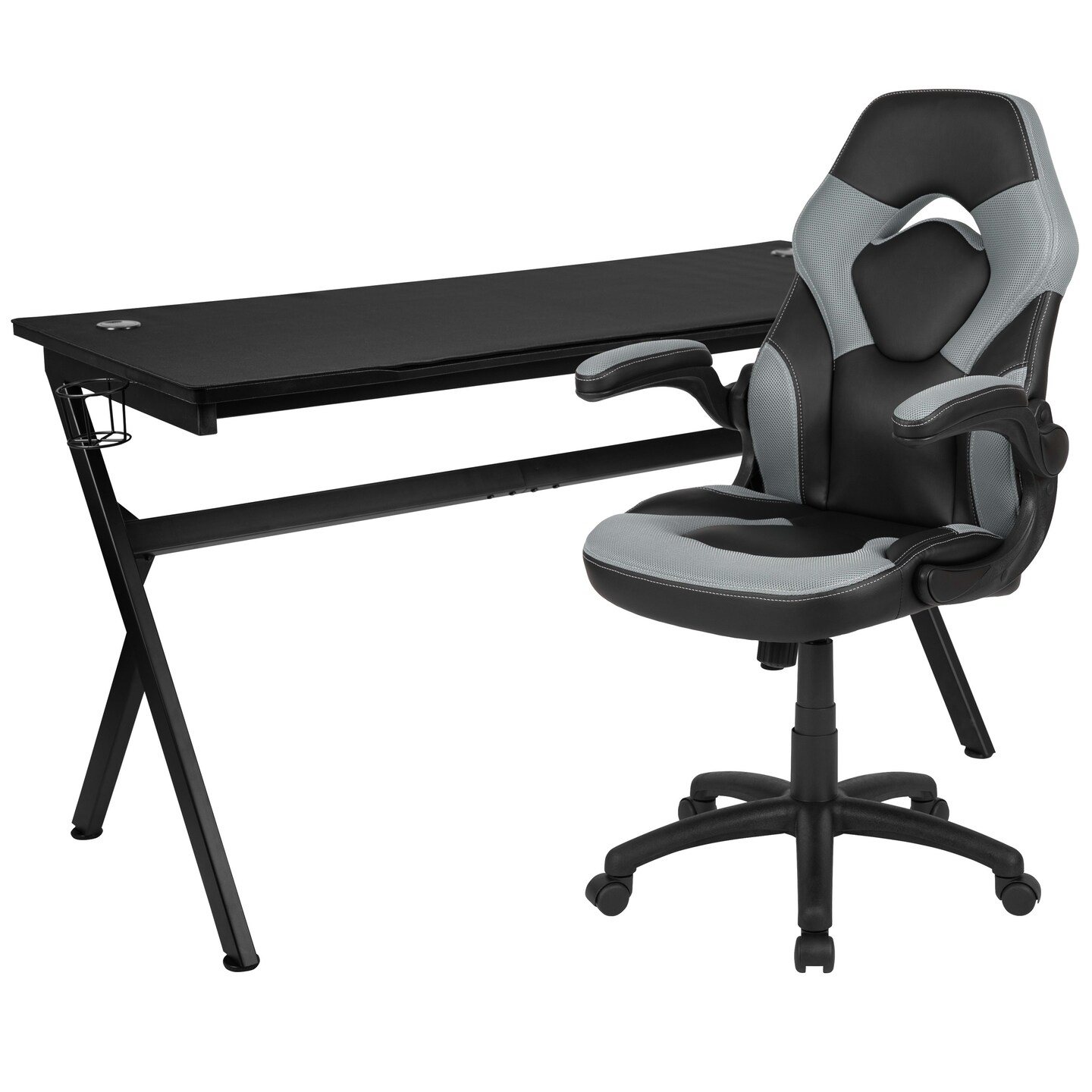 Emma and Oliver Gaming Desk Bundle - Cup &#x26; Headphone Holders/Mouse Pad Top