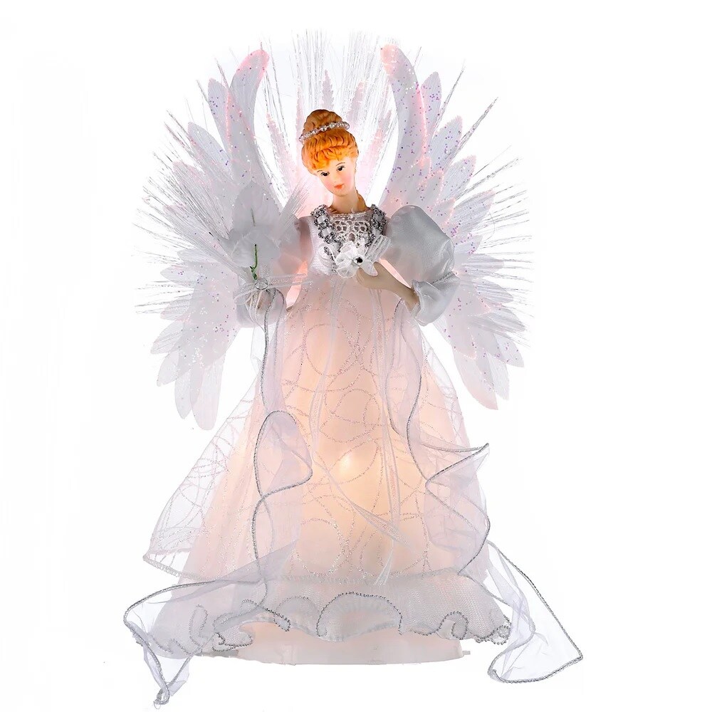 KSA 14.5" Lighted White and Ivory Fiber Optic LED Angel Christmas Tree Topper, Clear Lights