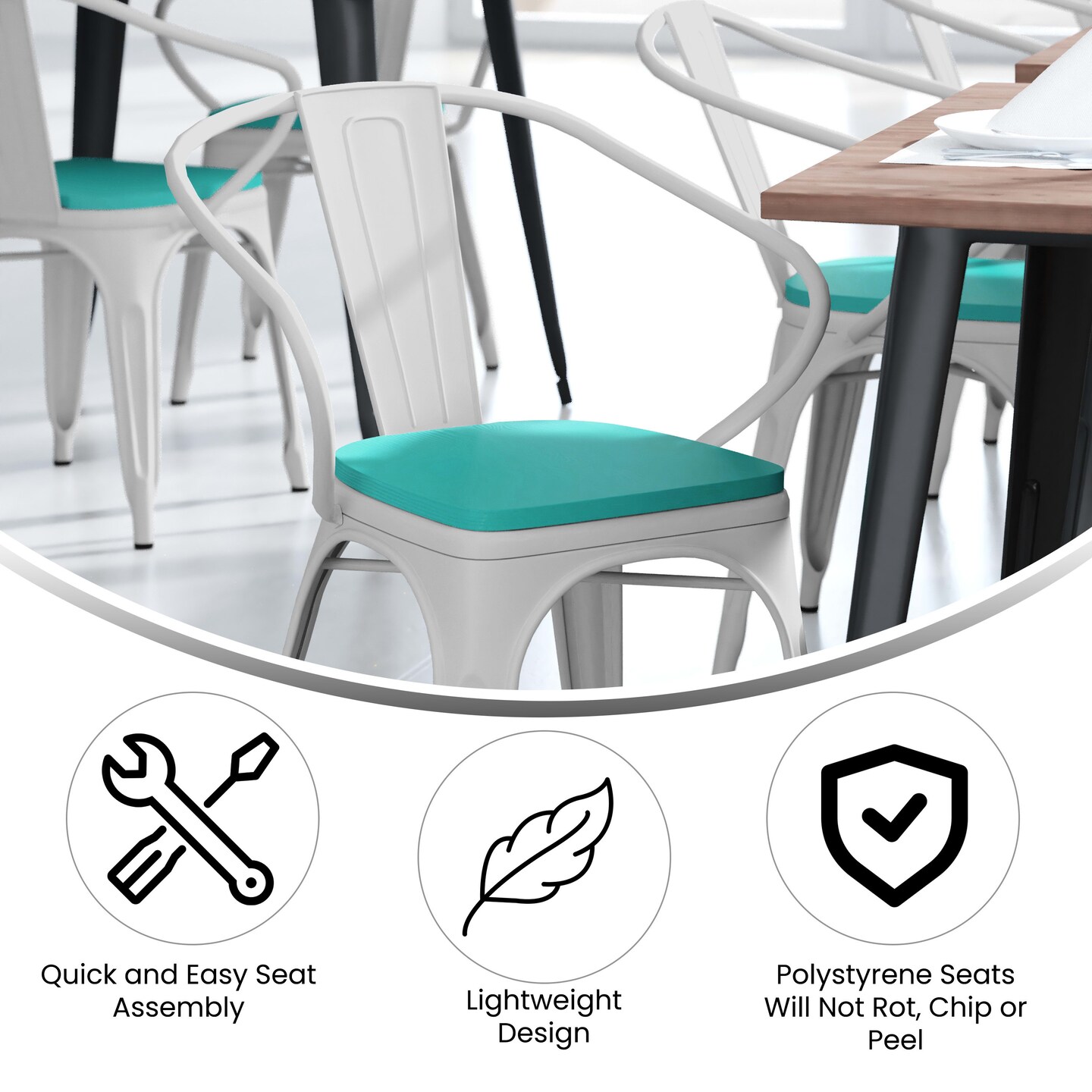 Emma and Oliver Alva Metal Indoor-Outdoor Stacking Chair with Vertical Slat Back, Arms and All-Weather Polystyrene Seat