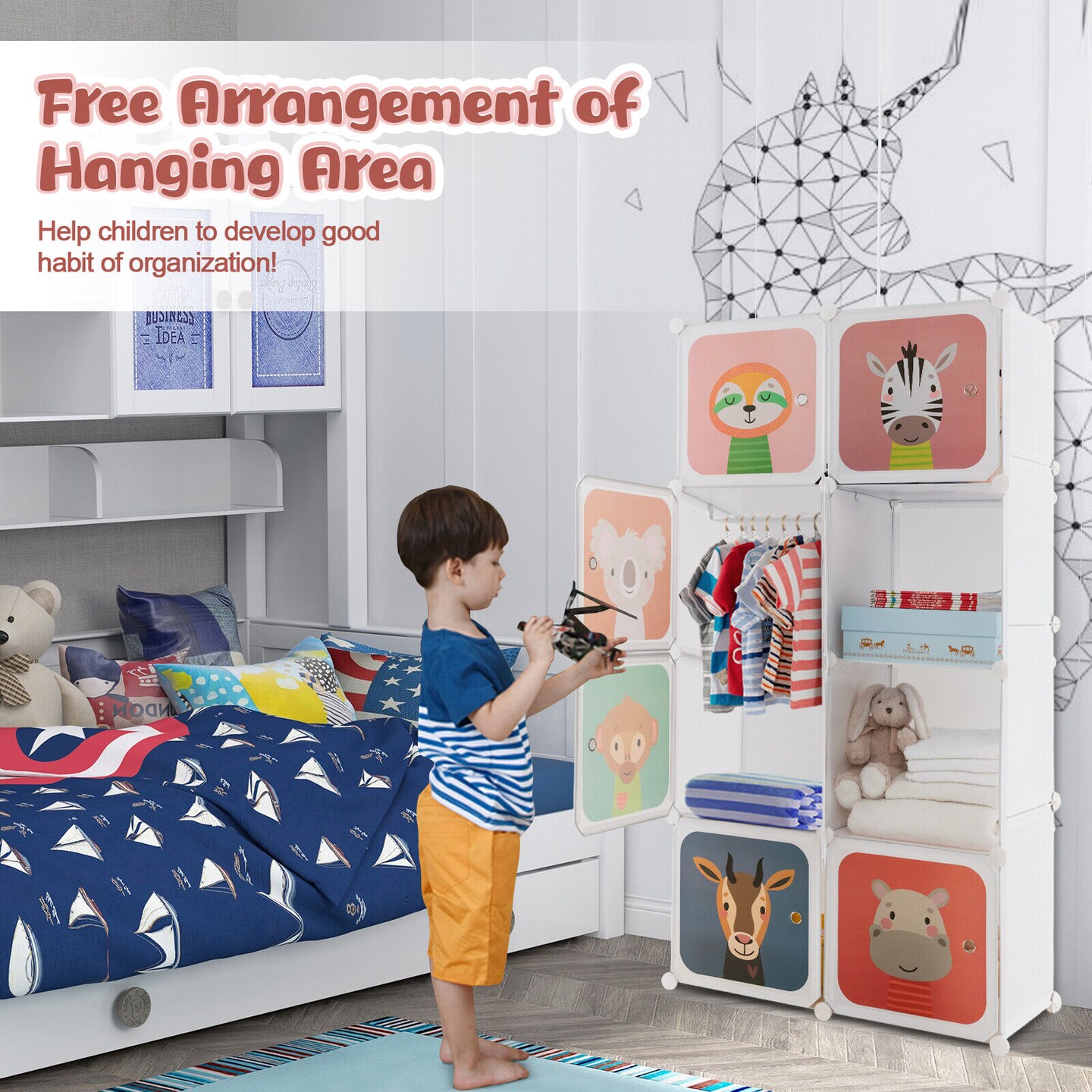 Kids Portable Multi-Cube Closet Storage Cabinet with Cartoon Doors and Sturdy Metal Wires Connections