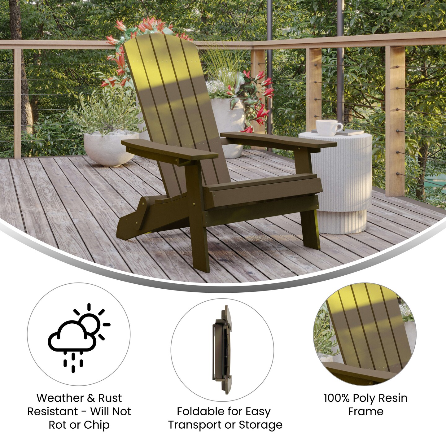 Merrick Lane Riviera Poly Resin Folding Adirondack Lounge Chair - All-Weather Indoor/Outdoor Patio Chair