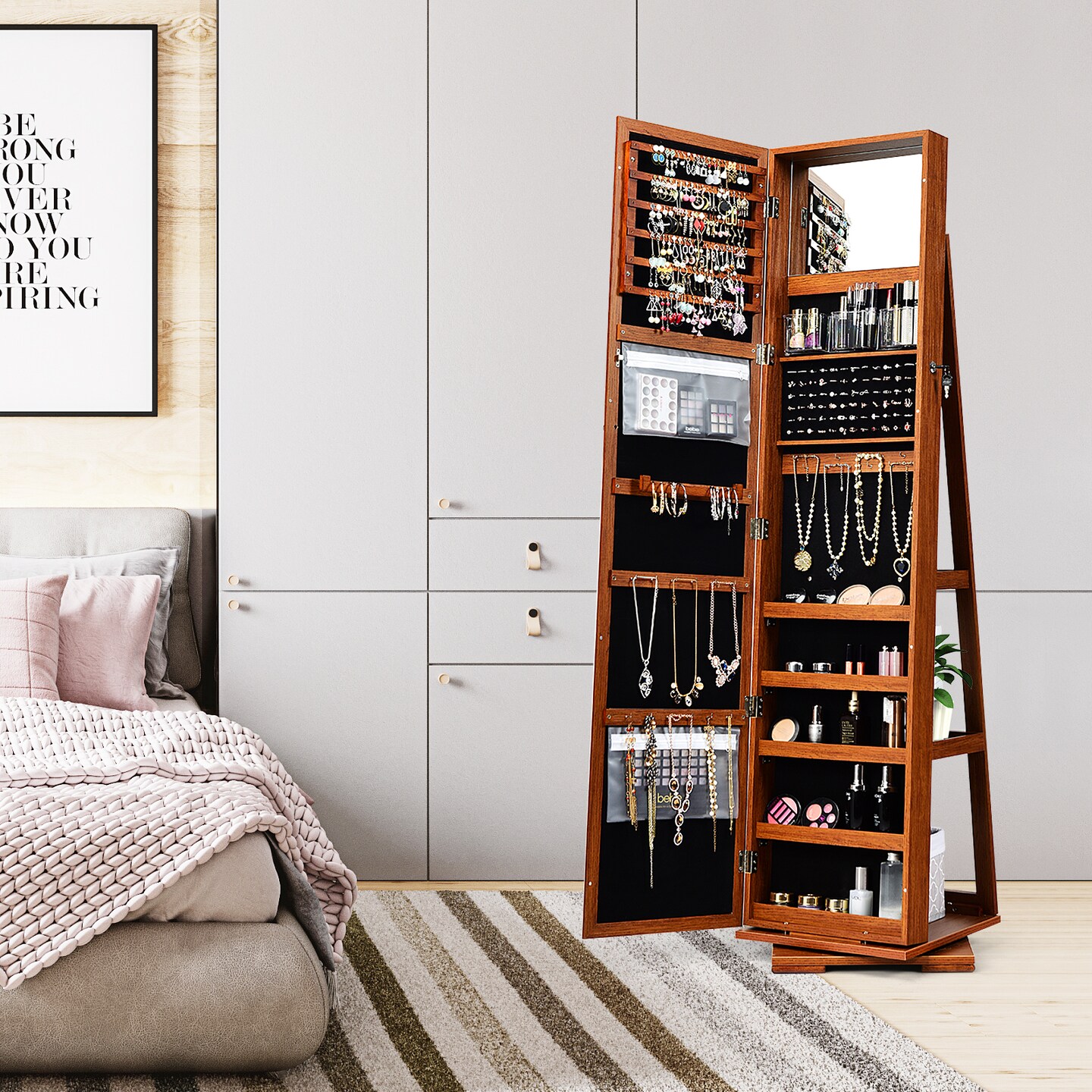 360° Rotatable Armoire 2-in-1 Lockable Mirrored Jewelry Cabinet