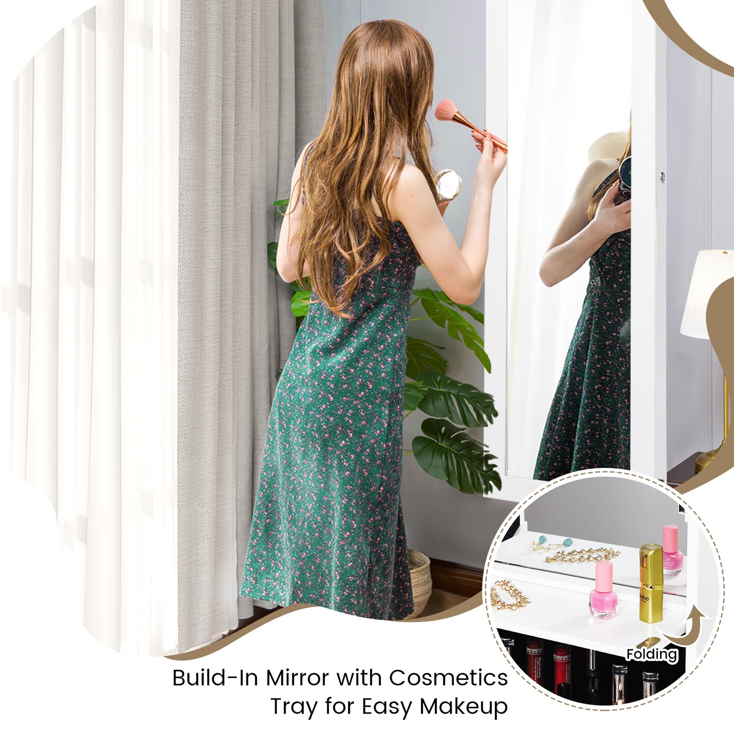 Lockable Wall Door Mounted Mirror Jewelry Cabinet with LED Lights
