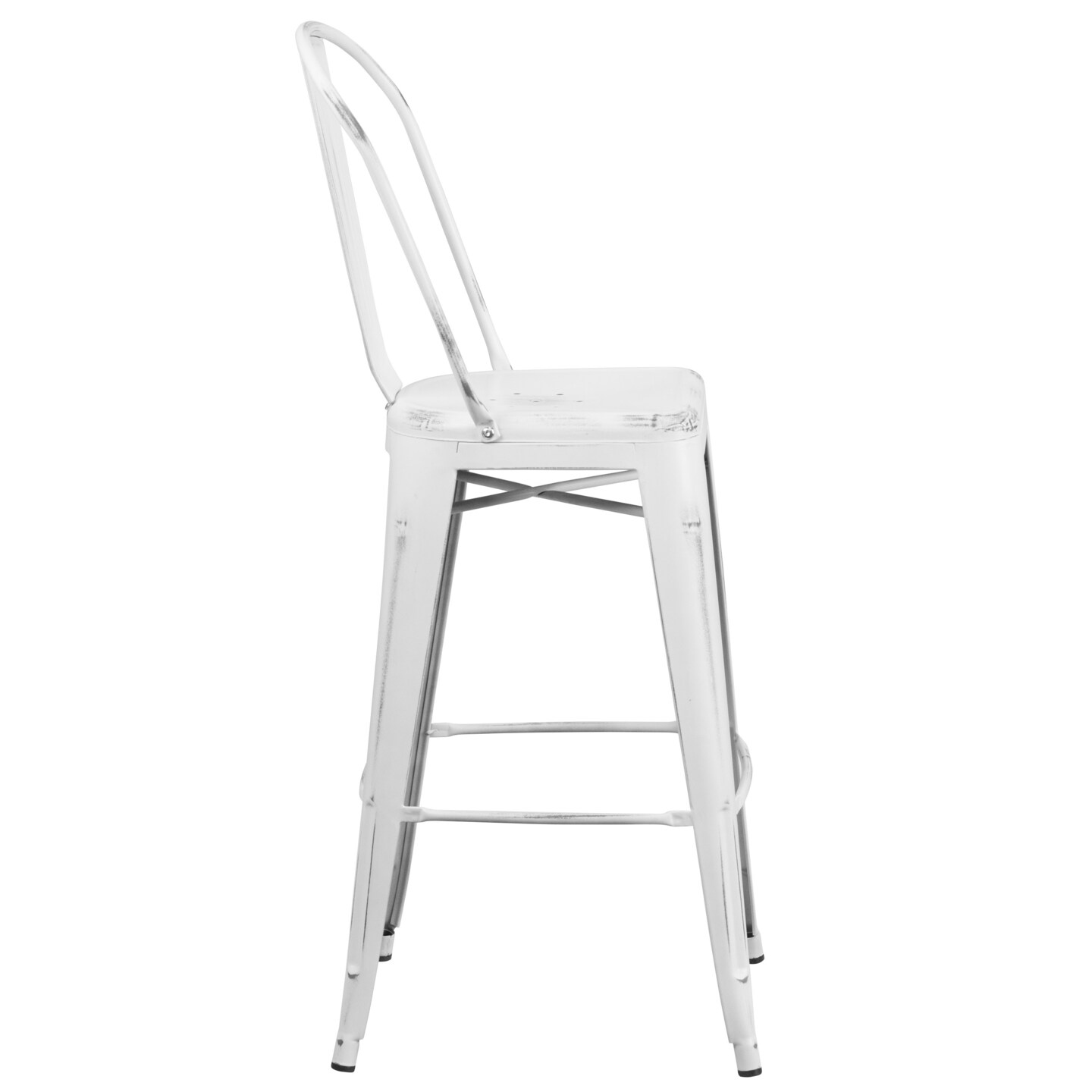 Emma and Oliver Commercial Grade 4 Pack 30&#x22; High Distressed Metal Indoor-Outdoor Barstool with Back