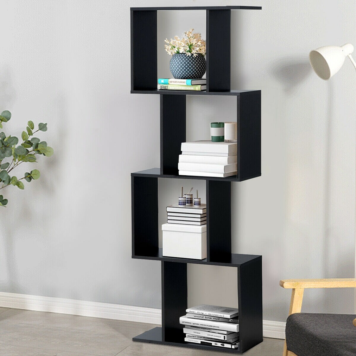 Black MDF Particle Board S-Shaped Bookcase and Display Rack
