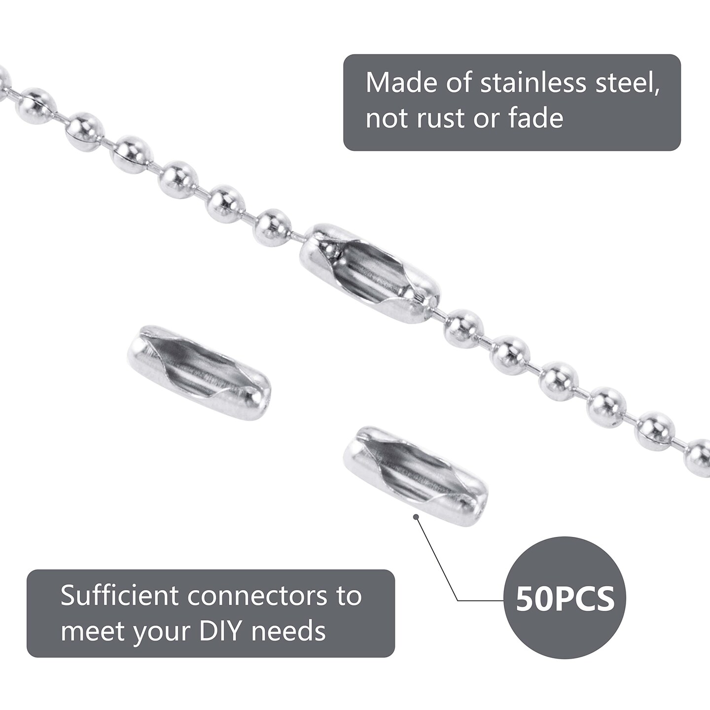 53 FT Ball Bead Chain, 1.5 mm Adjustable Pull Chain Beaded with 50 PCS Matching Connectors, Stainless Steel Bead Chain for Jewelry Making Necklace Keychain Dog Tag Chain
