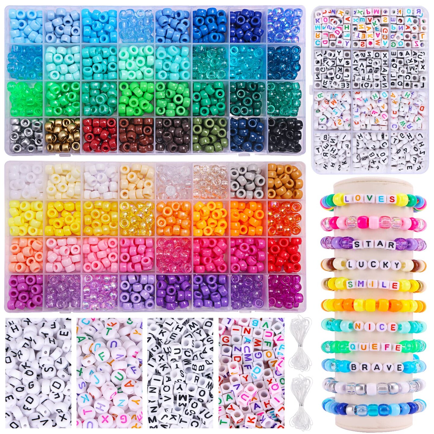 2350 Pieces, 64 Colors, Pony Beads for Bracelet Making Kit, Rainbow Kandi Beads Friendship Bracelet Kit, Letter Beads and Elastic Strings for Bracelet Necklace Making, Craft Gifts Set for Girls