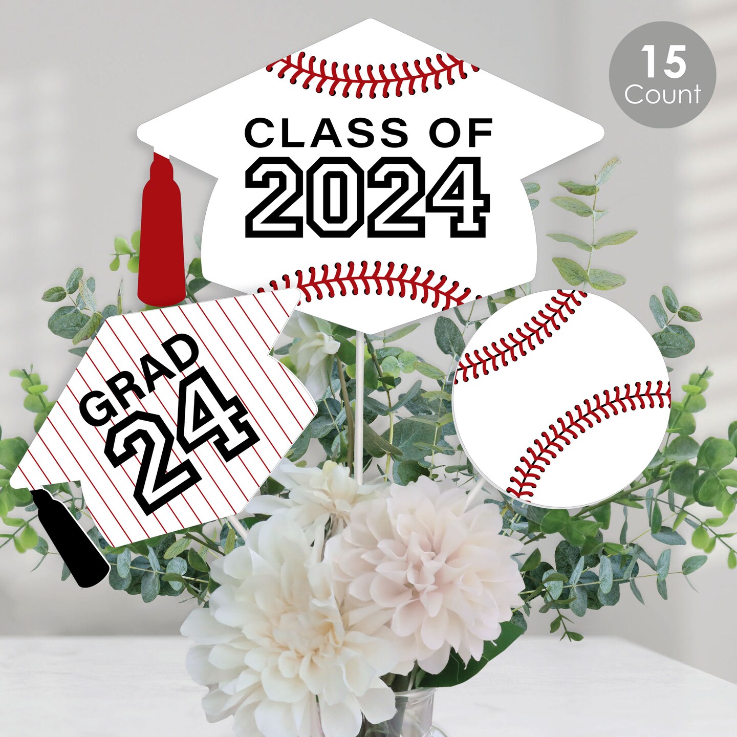 Big Dot of Happiness Grad Baseball - 2024 Graduation Party Centerpiece Sticks - Table Toppers - Set of 15