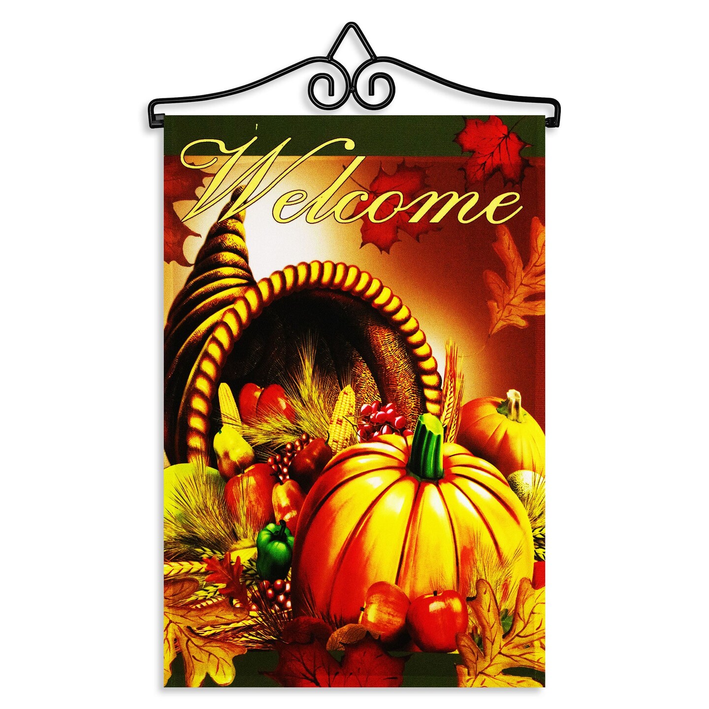 G128 Combo Pack Garden Flag Hanger 14IN & Garden Flag Welcome Cornucopia with Pumpkin 12x18IN Printed 150D Polyester