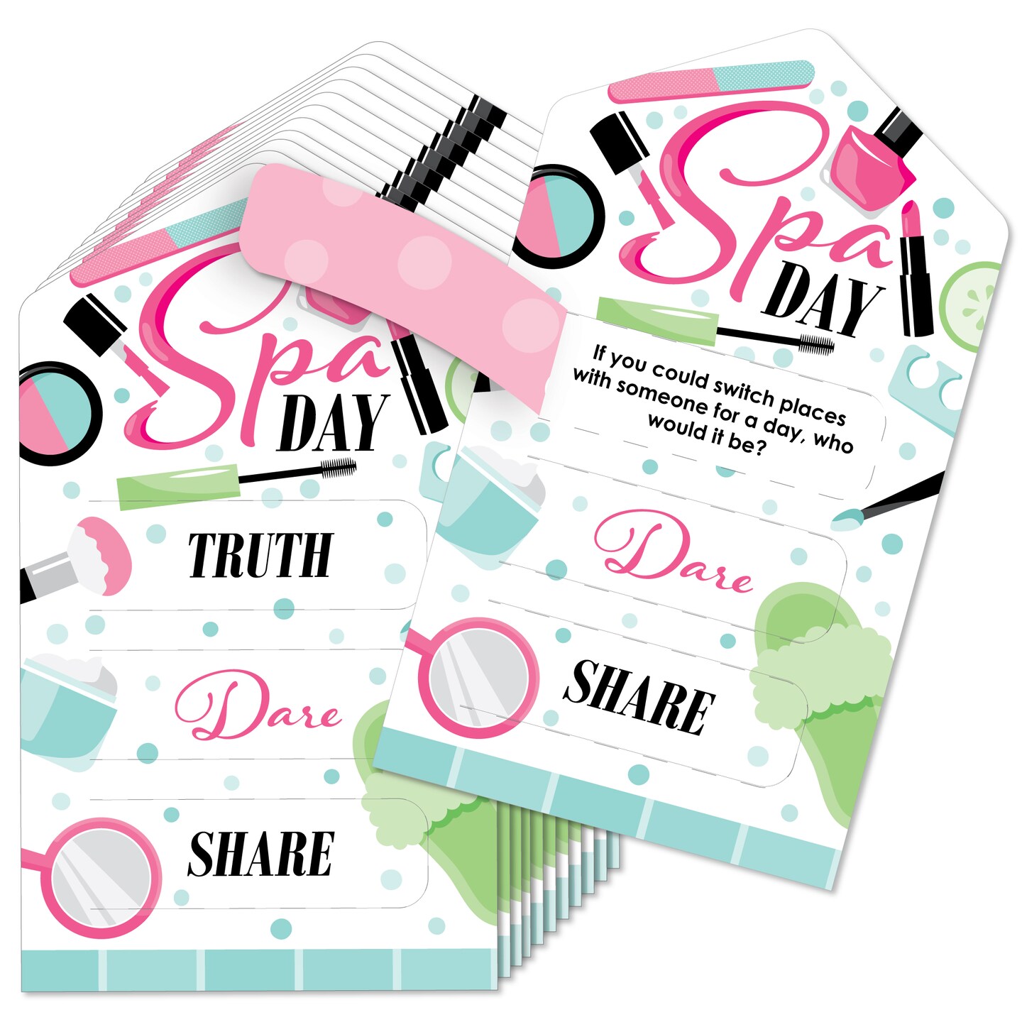 Big Dot of Happiness Spa Day - Girls Makeup Party Game Pickle Cards - Truth, Dare, Share Pull Tabs - Set of 12