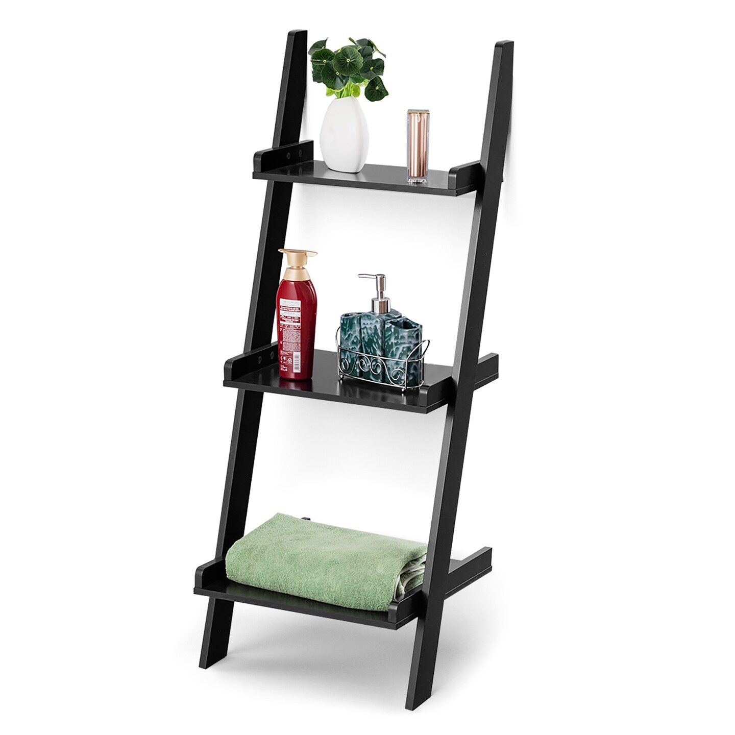 Costway 3 Tier Leaning Rack Wall Ladder Book Shelf Bookcase Storage Display Multipurpose