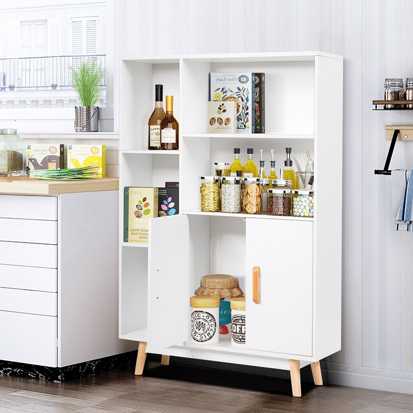 Costway Floor Storage Cabinet Free Standing Wooden Display Bookcase Side Decor Furniture