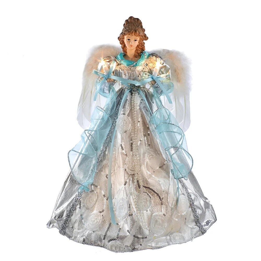 KSA 16&#x22; Lighted Silver and Blue Angel with Ribbon Christmas Tree Topper, Clear Lights