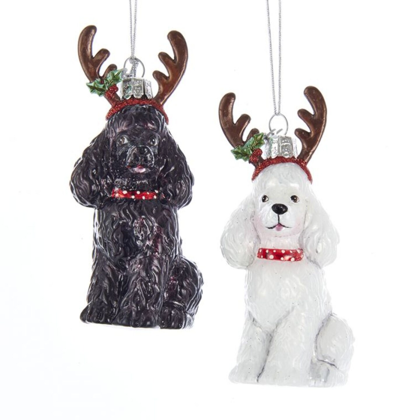 CC Christmas Decor Pack of 8 Black and White Poodle with Antlers and Holly Plant Hanging Glass Ornaments 4&#x22;