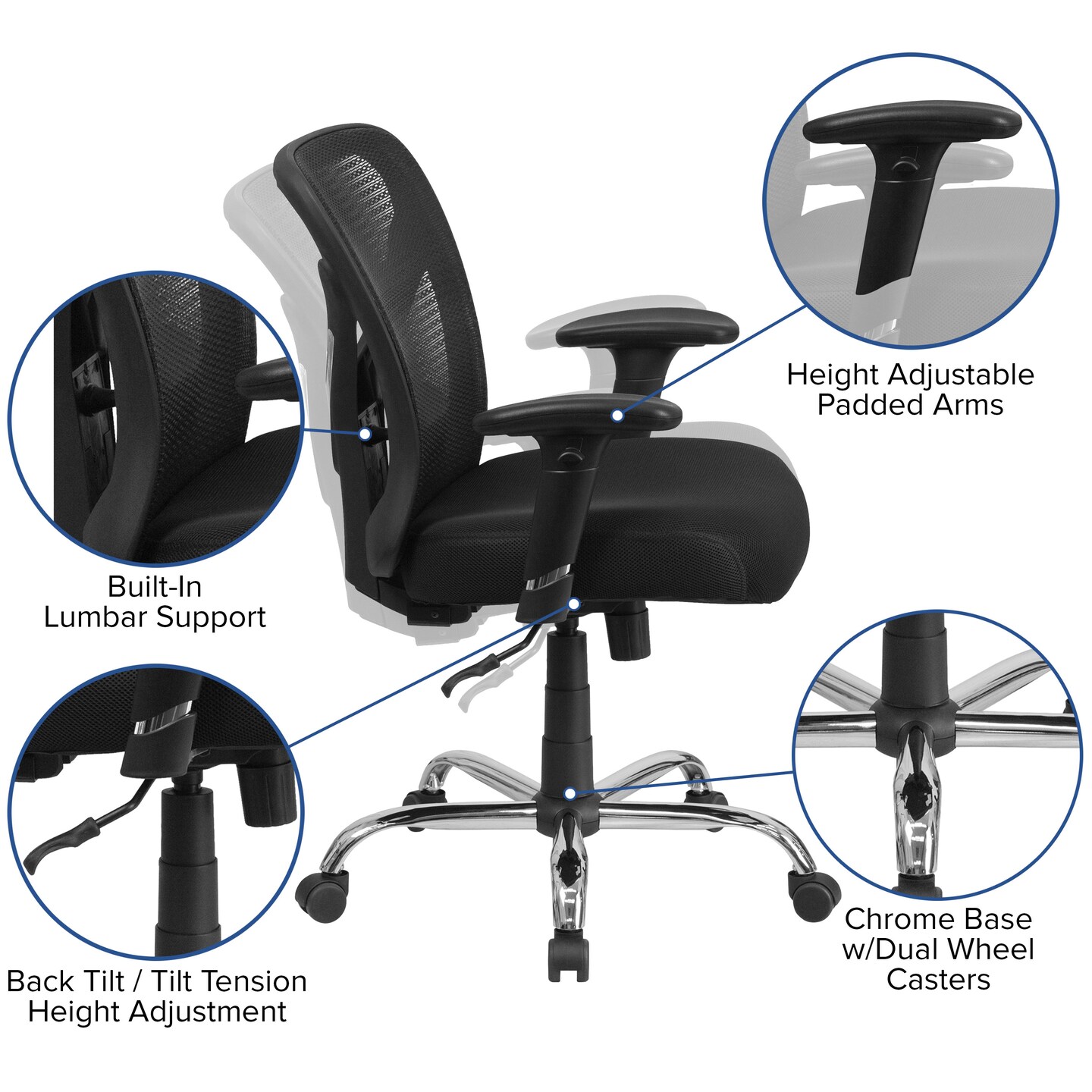 Emma and Oliver Big &#x26; Tall 400 lb. Rated Mesh Swivel Ergonomic Task Office Chair with Height Adjustable Back and Arms