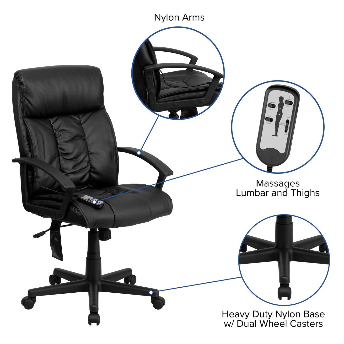 Emma and Oliver High Back Ergonomic Massaging Leather Soft Ripple Upholstered Executive Swivel Office Chair with Side Remote Pocket and Arms