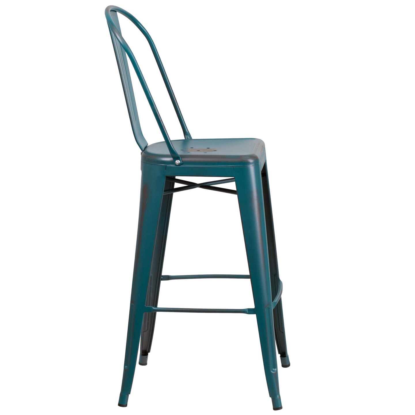 Emma and Oliver Commercial Grade 4 Pack 30" High Distressed Metal Indoor-Outdoor Barstool with Back