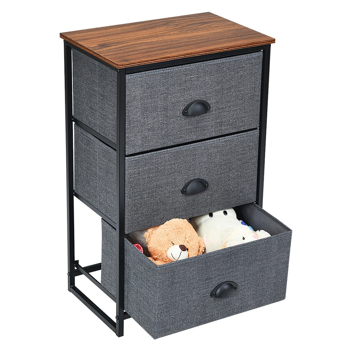 Modern Side Table Nightstand Storage Dresser Chest with 3 Fabric Removable Drawers and Metal Frame