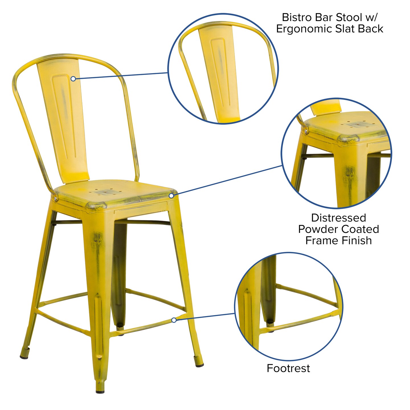 Emma and Oliver Commercial Grade 4 Pack 24" High Distressed Metal Indoor-Outdoor Counter Height Stool with Back