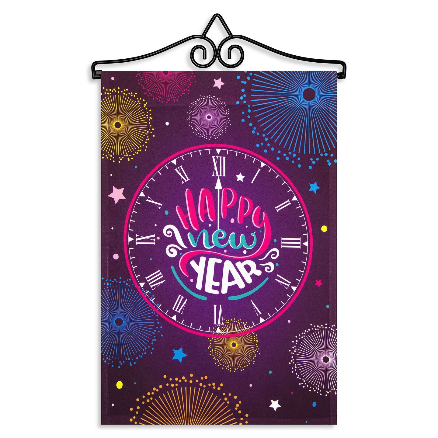 G128 Combo Pack Garden Flag Hanger 14IN & Garden Flag Happy New Year Midnight Clock 12x18IN Printed 150D Polyester