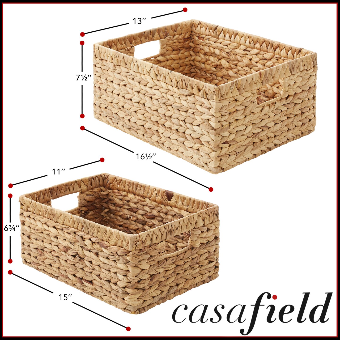 Casafield Set of 2 Water Hyacinth Storage Baskets with Handles - Woven Organizers for Bathroom, Laundry, Pantry, Office, Shelves