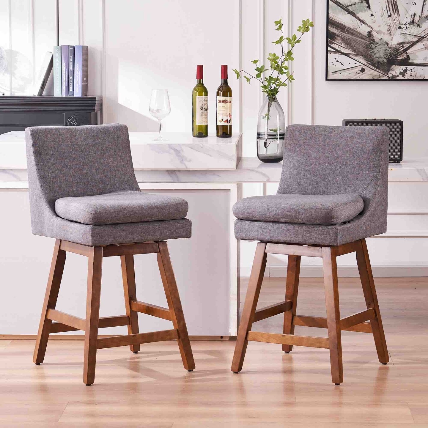 FERPIT 26 inch Upholstered Swivel Fabric Counter Bar Stools with Back and Wood Legs