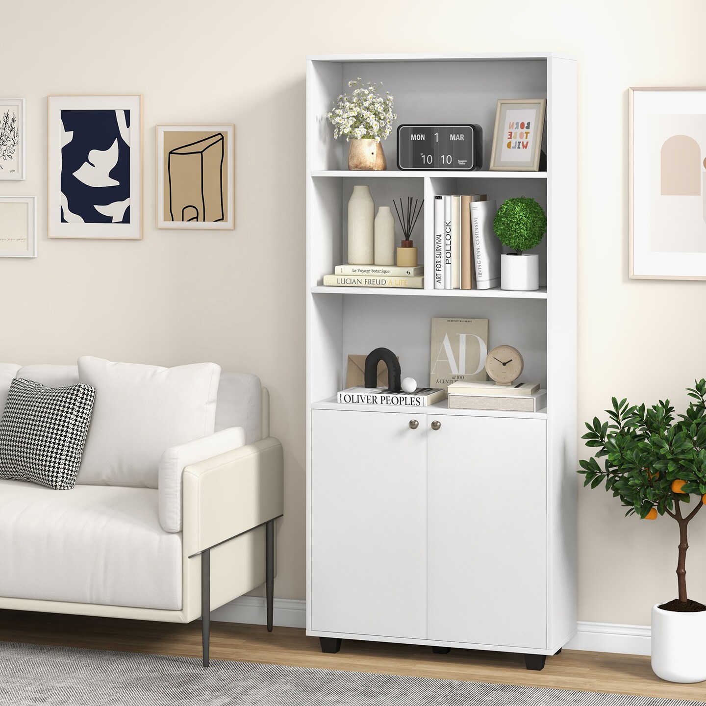 66 Inch Tall Double-door Bookcase With Adjustable Shelf And Storage Cubes-white