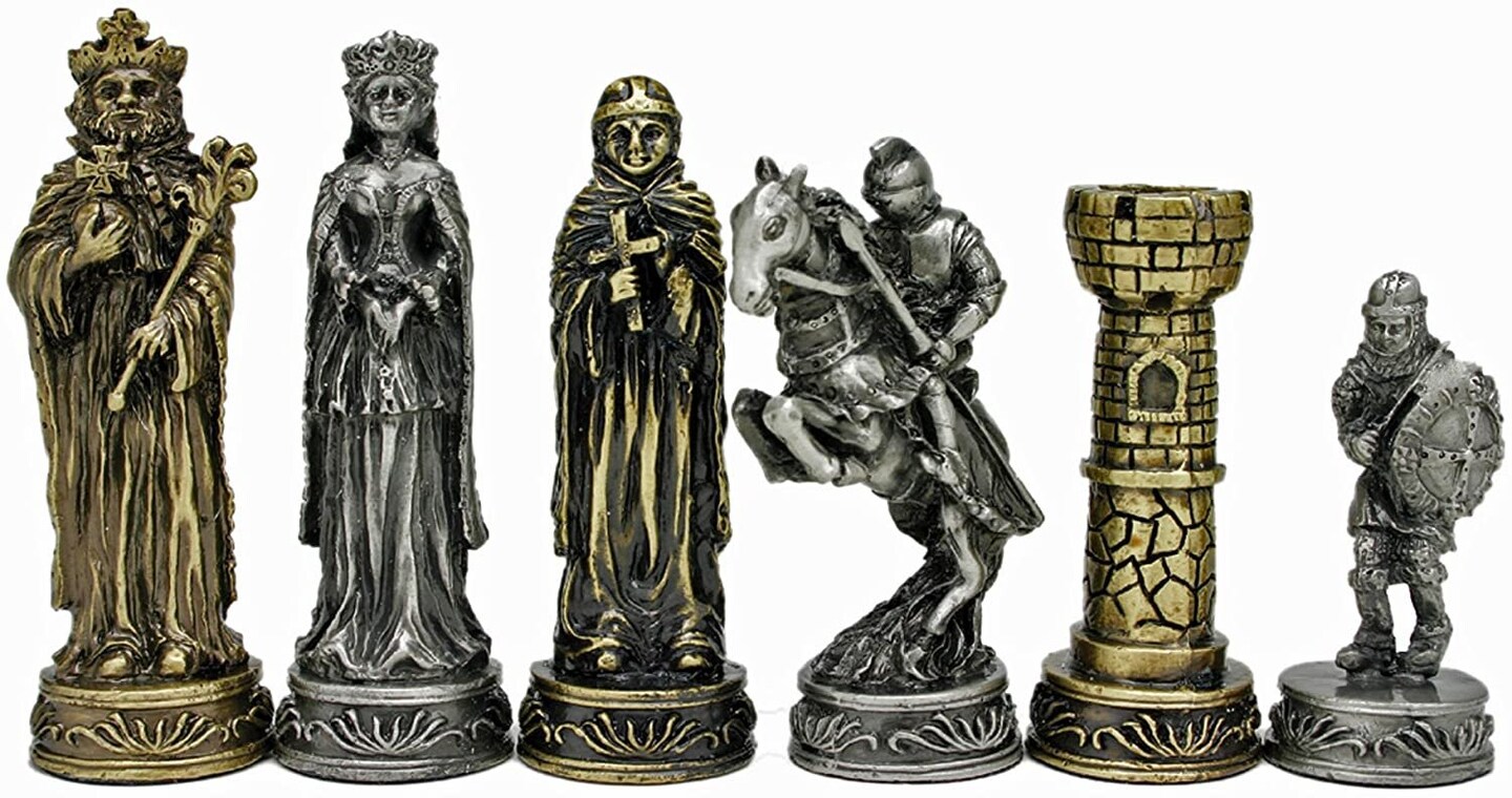 WE Games Medieval Chess &#x26; Checkers Game Set - Pewter Chessmen &#x26; Black Stained Wood Board with Storage Drawers 15 in.