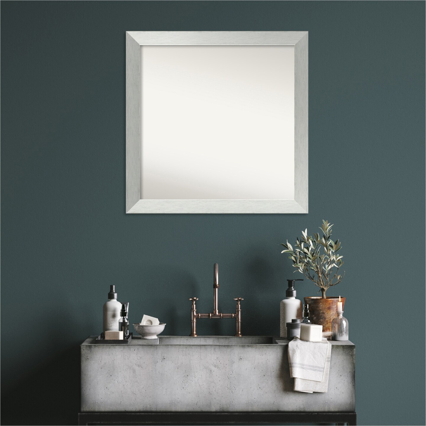 Brushed Sterling Silver Non-Beveled Custom Framed Bathroom Vanity Wall Mirror