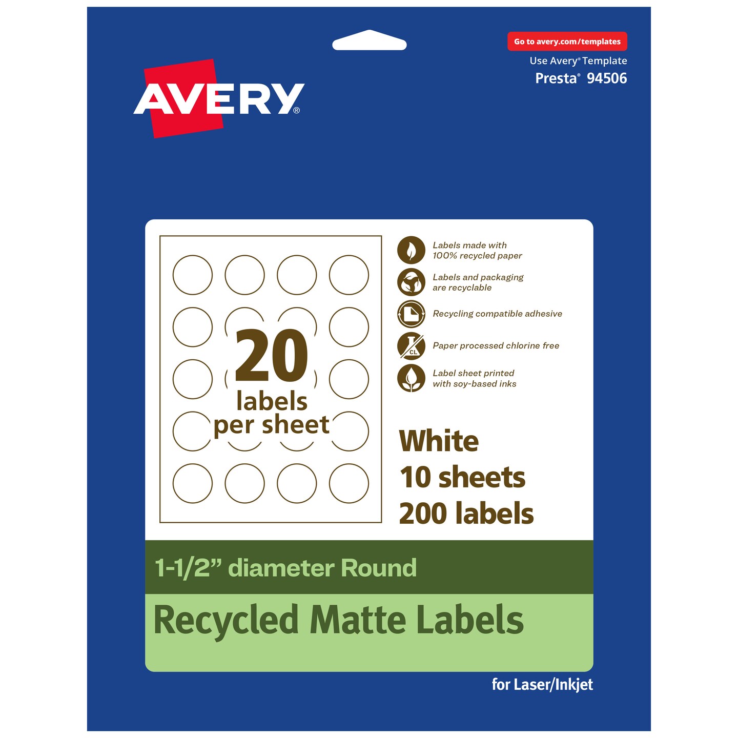 Avery Recycled Matte White Labels,  1-1/2&#x22; diameter Round