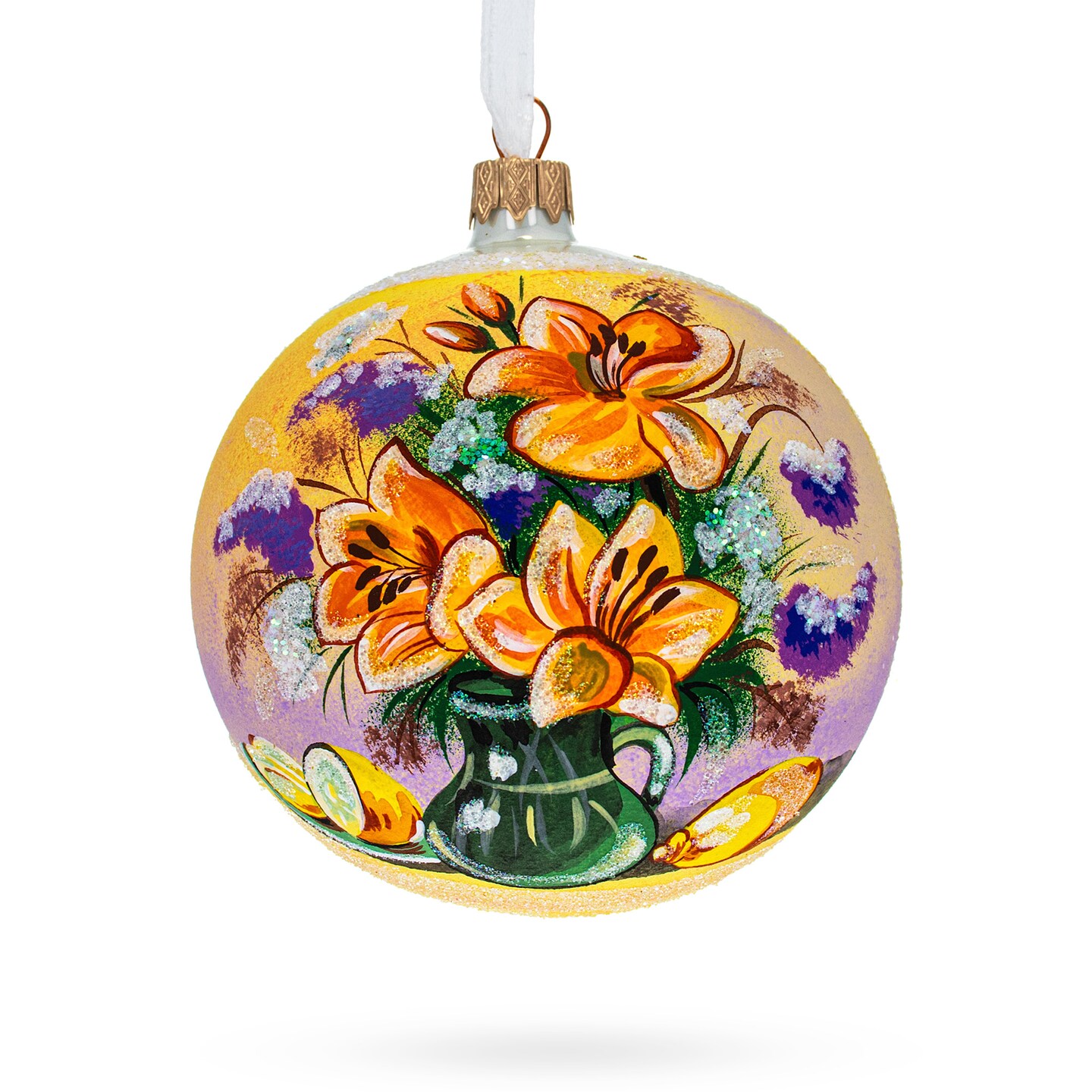 Floral Vase Masterpiece Glass Ball Christmas Ornament 4 Inches