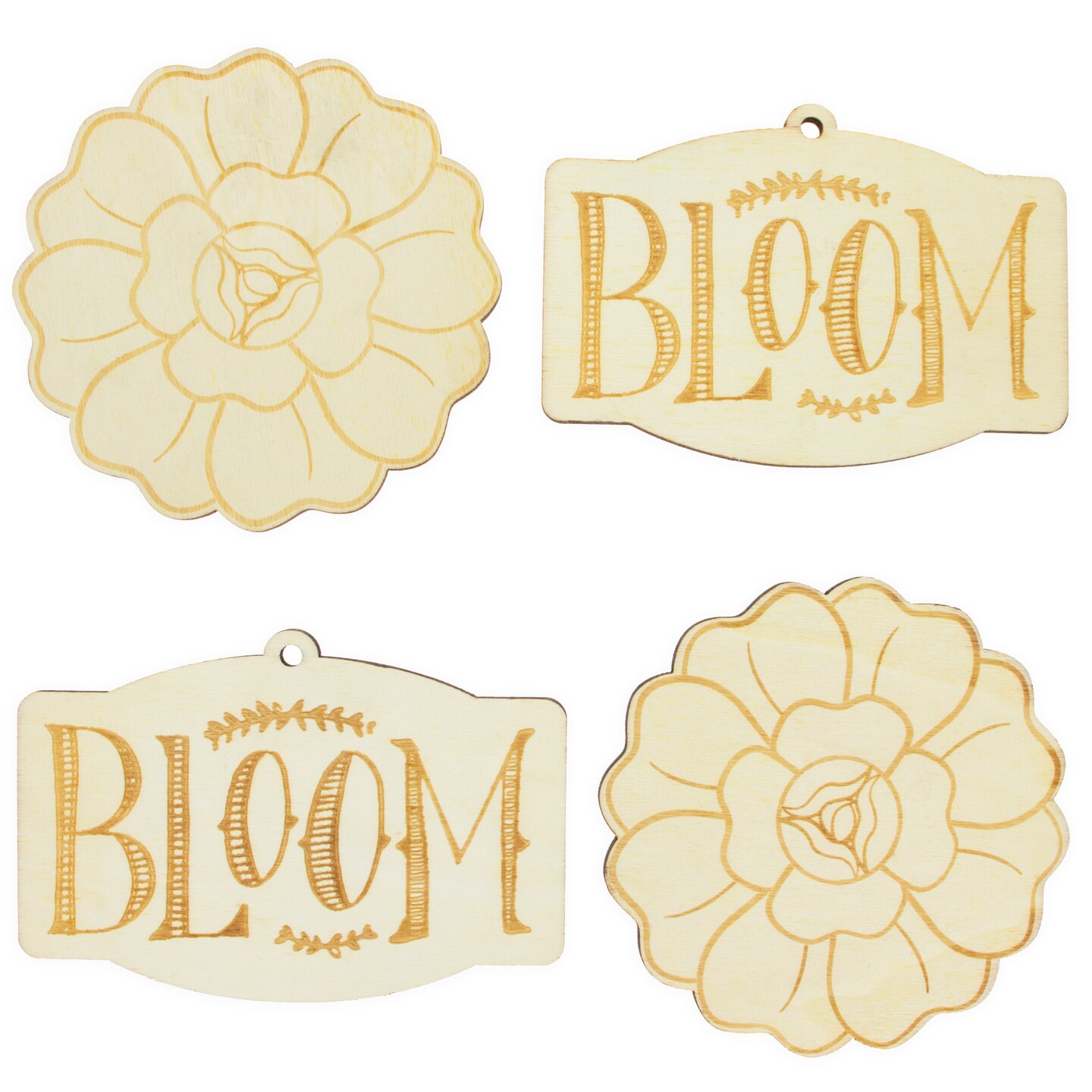Set of 4 Unfinished Wooden Etched Flower Bloom Cutout DIY Craft 4.9 Inches