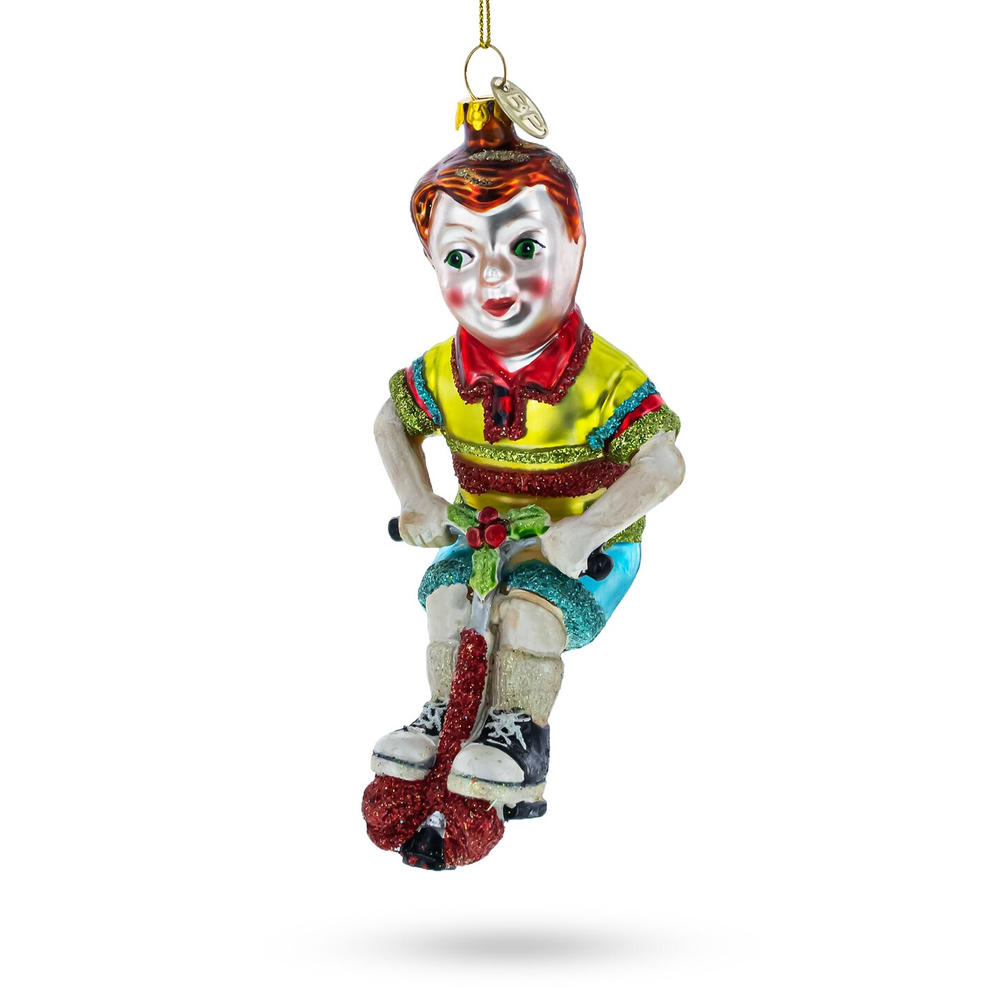 Vintage Style Boy on Pogo Stick Blown Glass Christmas Ornament