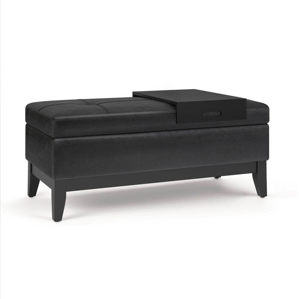 Simpli Home Oregon Storage Ottoman Bench with Tray in Distressed Vegan Leather