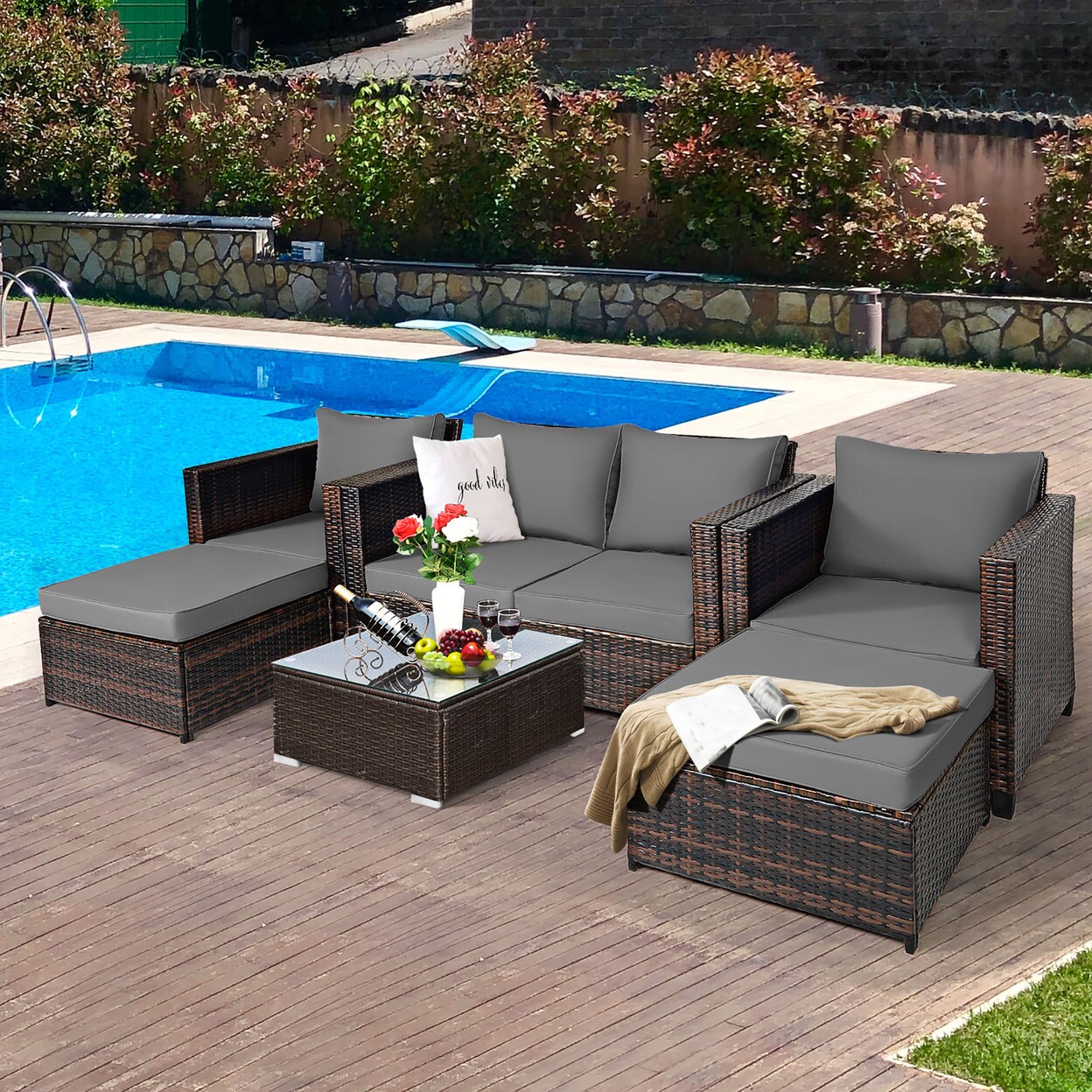 5Pcs Outdoor Patio Rattan Conversation Sofa Furniture Set W/ Grey Cushions