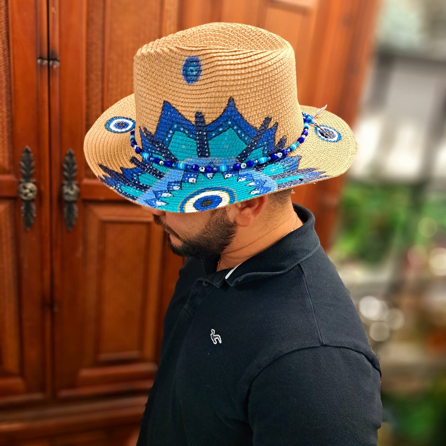 Boho Blue Mandala Straw Hat – Handcrafted with Turkish Eye  display picture 3