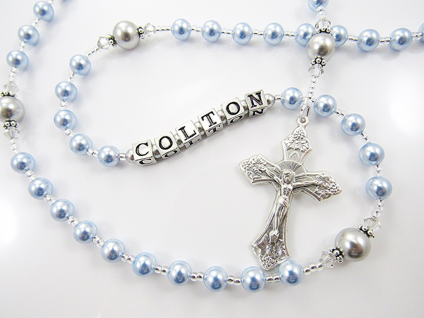 Baptism Rosary for a Baby Boy Christening Gift - Personalized Rosary for Boys First Communion Gift, Confirmation - Light Blue and Gray