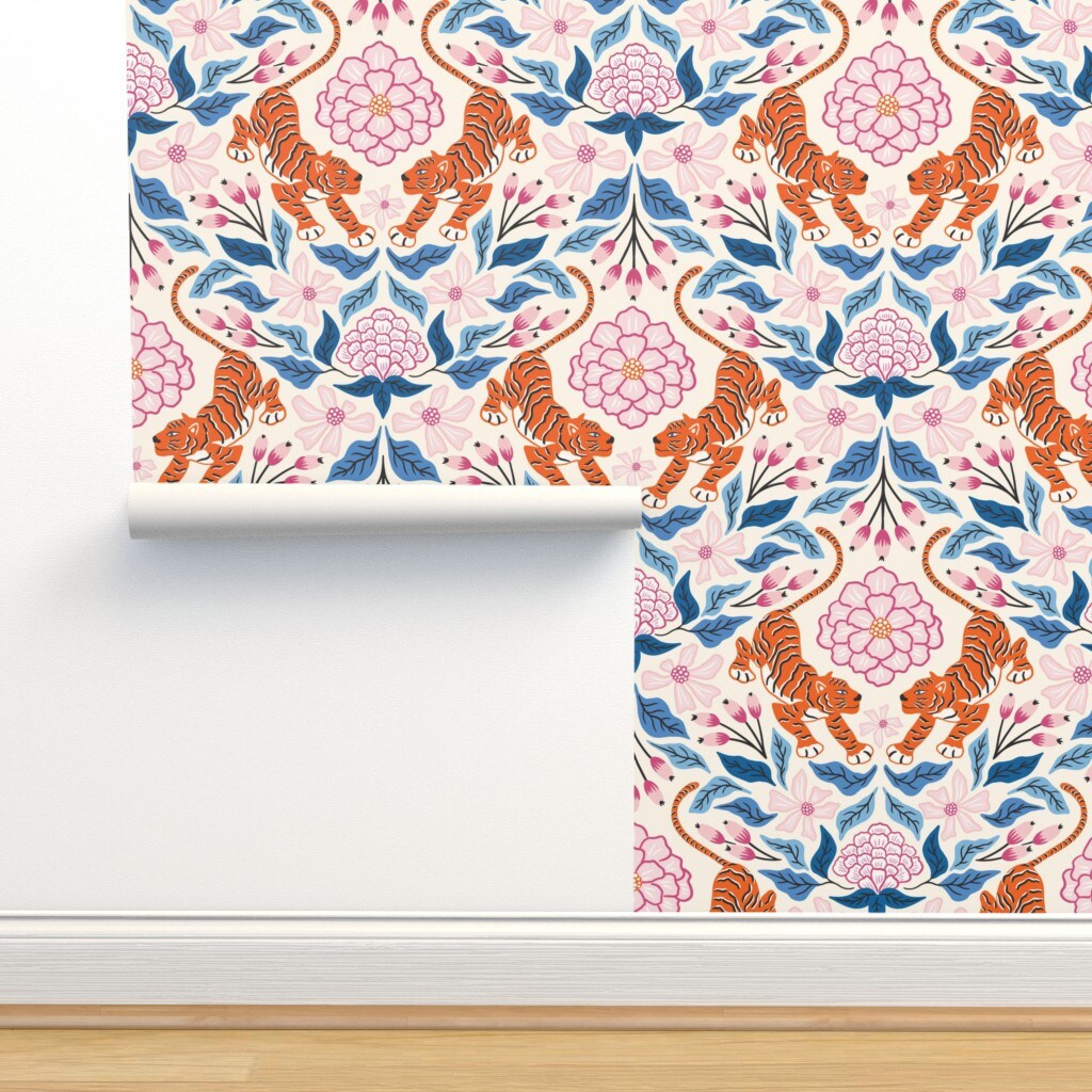 Maximalist Tropical Jungle Damask Exotic Botanical Floral Tiger Blue Custom Pre-pasted Wallpaper by Spoonflower Pre-Pasted Wallpaper 2FT Wide