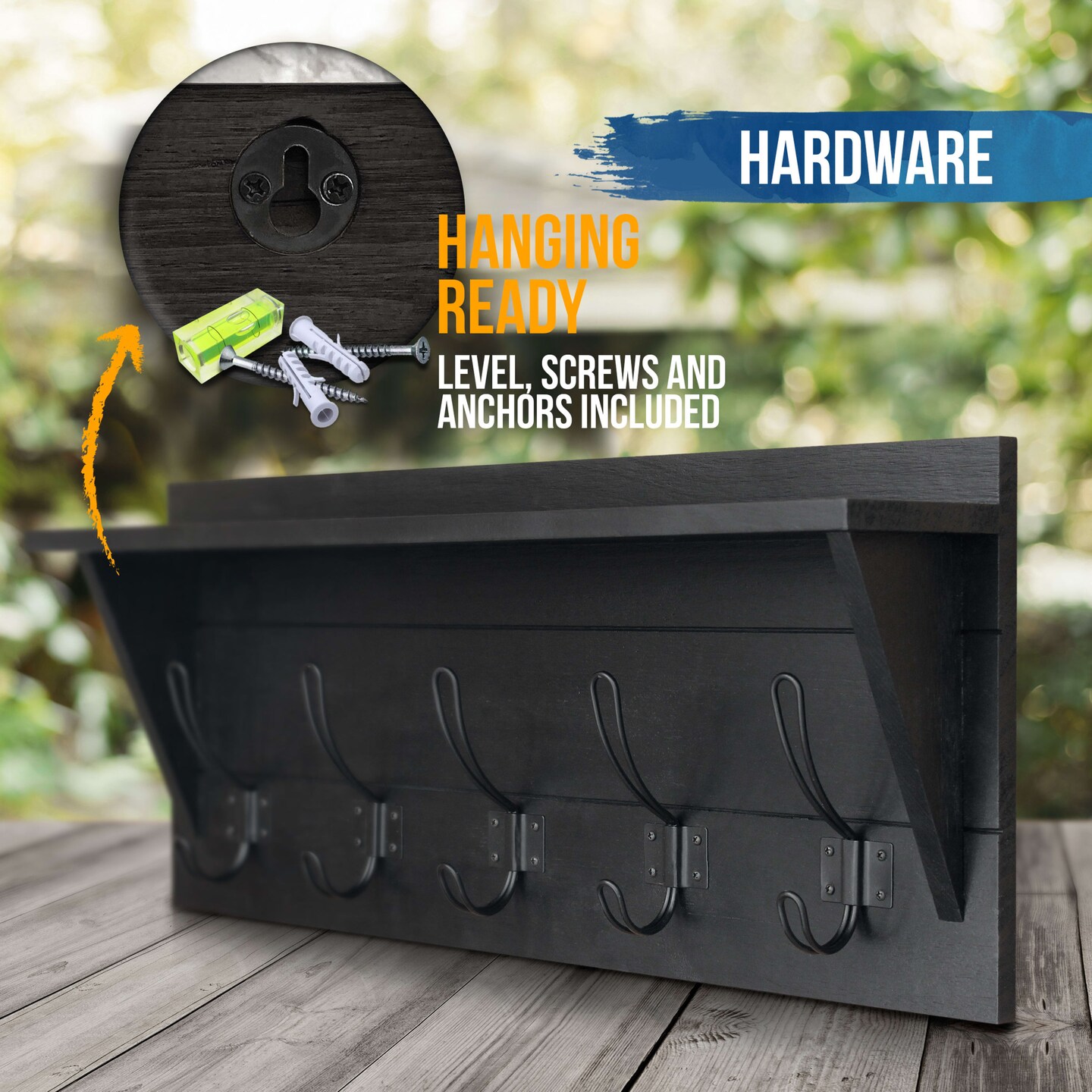 HBCY Creations Rustic Wall Mounted Coat Rack Shelf - Wooden Country Style 24" Entryway Shelf with Hooks - Solid Pine Wood - For Entryway, Kitchen, Bathroom