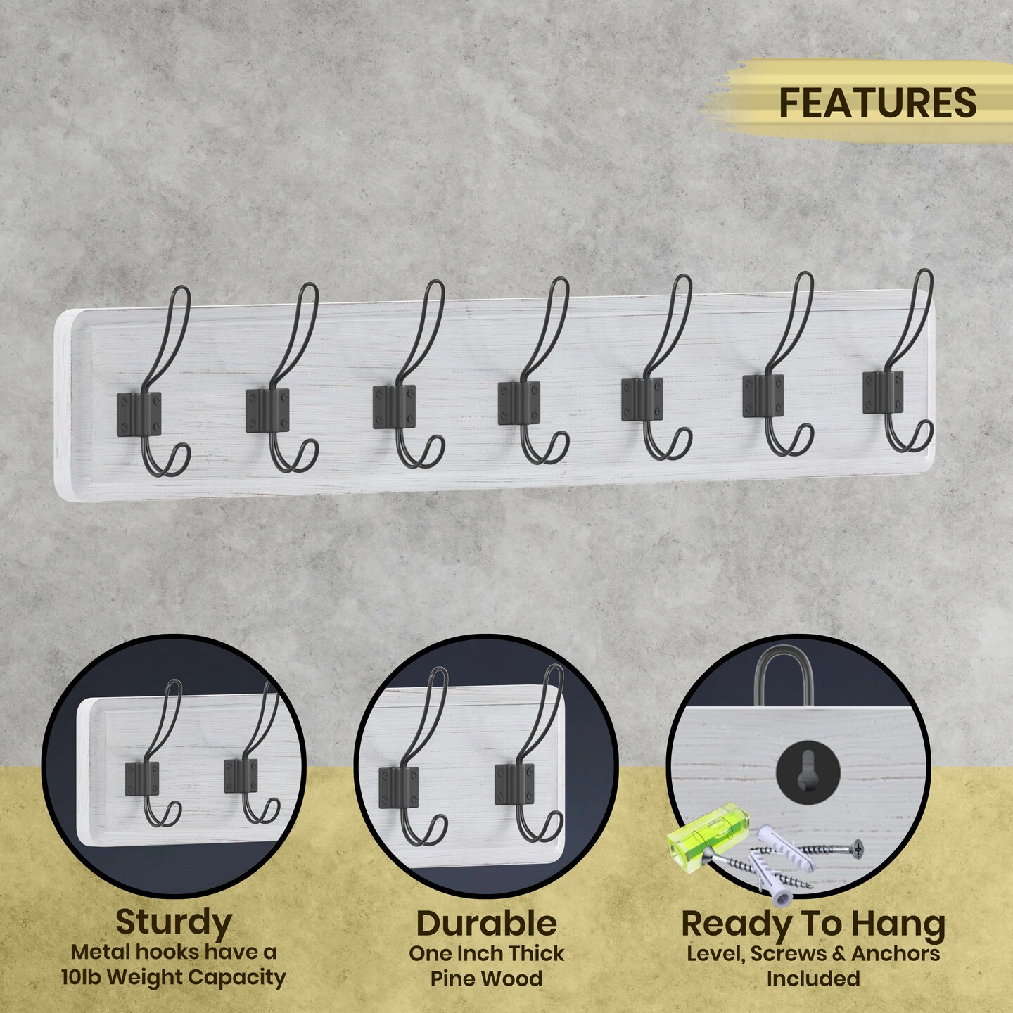 HBCY Creations Wall Mounted Storage Rack - Pine Wood Construction - 7 Hooks - Ideal for Entryway, Kitchen, Bathroom and More