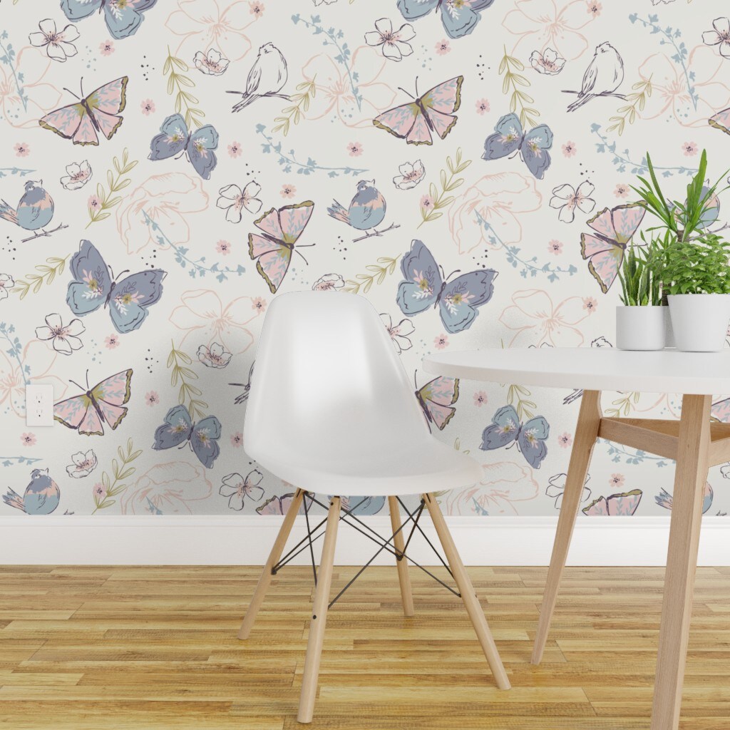 Peel &#x26; Stick Wallpaper 2FT Wide Garden Butterfly Pastel Pink Purple Botanical Whimsical Soft Pastels Songbird Floral Custom Removable Wallpaper by Spoonflower