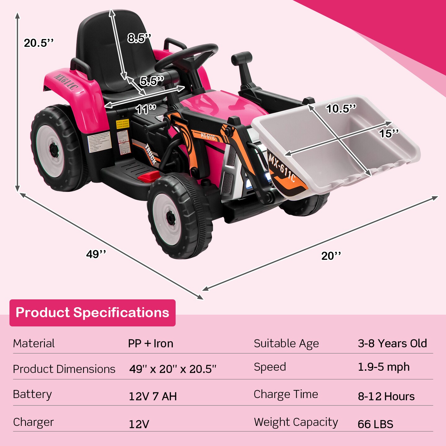 Kids Ride-On Excavator with Manual and Remote Control, LED Lights