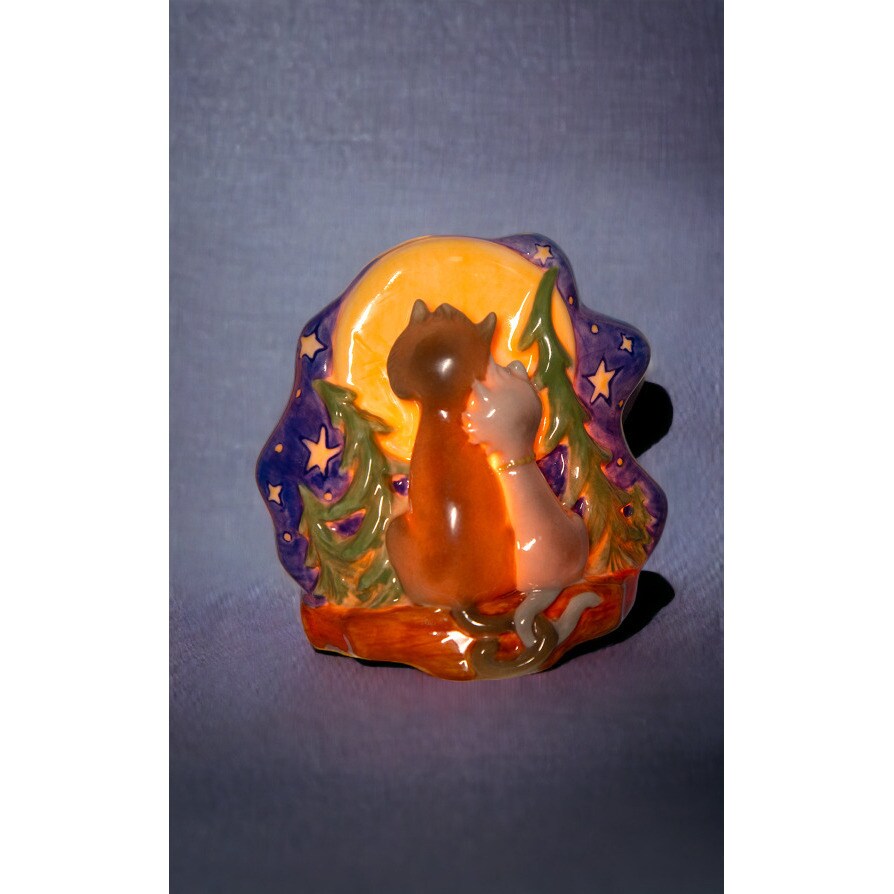 Ceramic Cat Plug-In Nightlight Moon-Gazing Nursery Gift 3.5 Inch