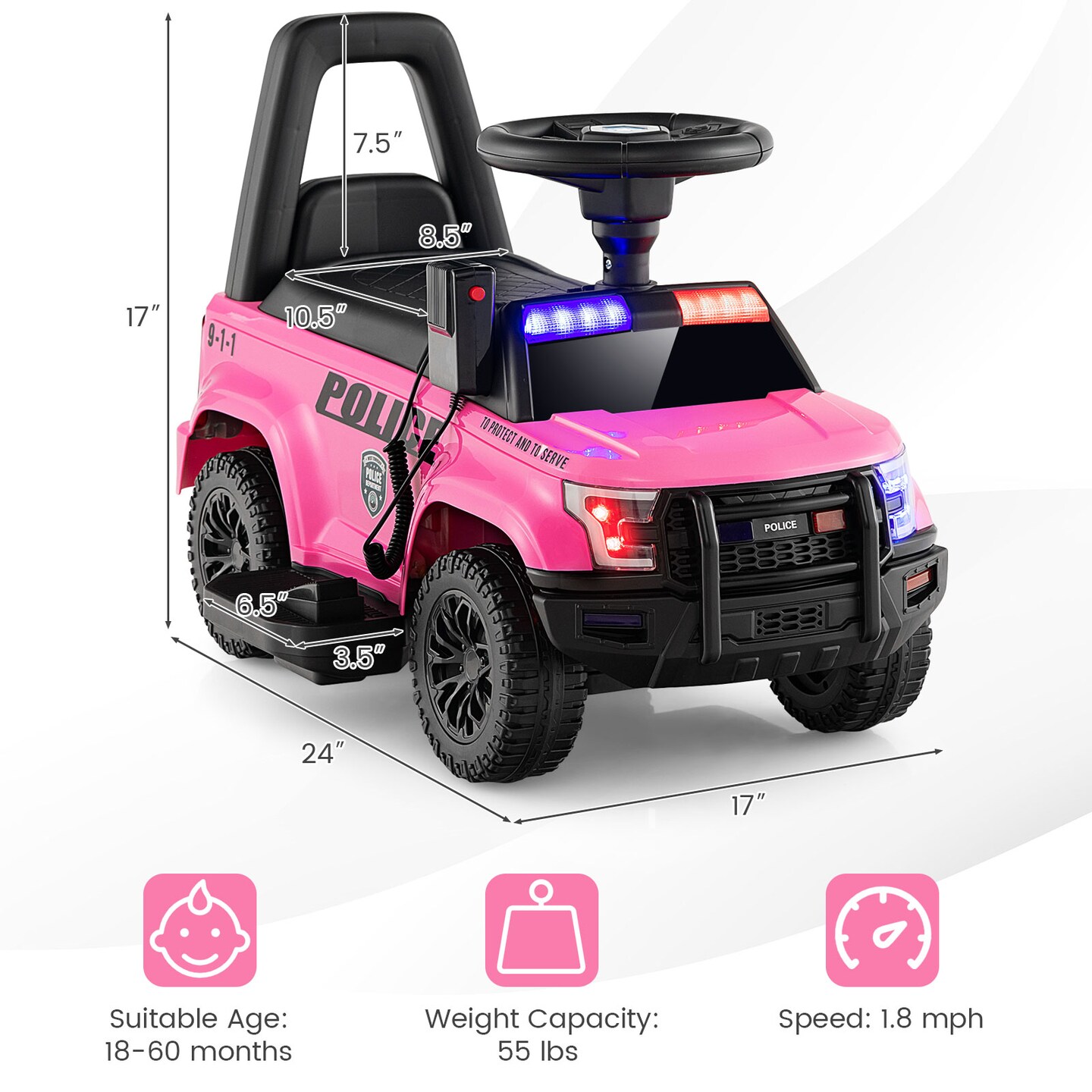 6V Kids Ride On Police Car with Real Megaphone and Siren Flashing Lights