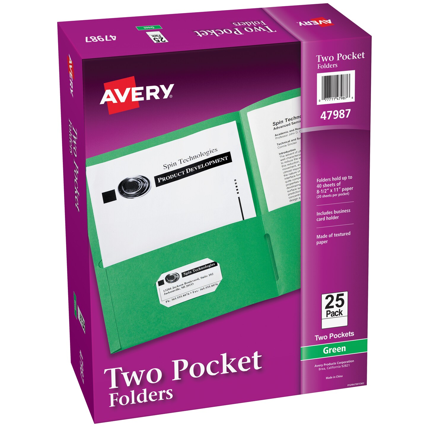 Avery Two Pocket Folders, Holds up to 40 Sheets, Business Card Slot, 25 Green Folders (47987)